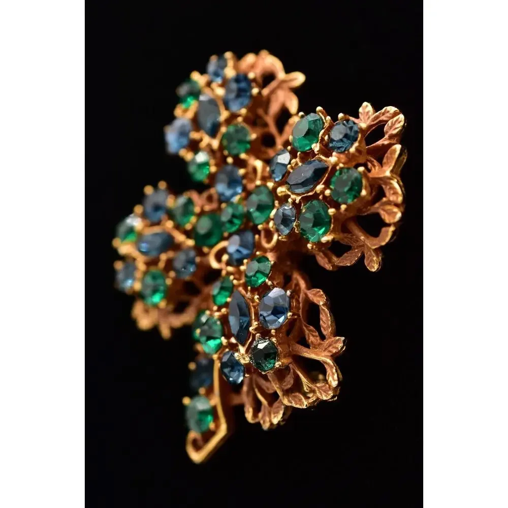 BSK Vintage Crystal Clover Pin Brooch Green Blue Rhinestone Gold Signed BinBG